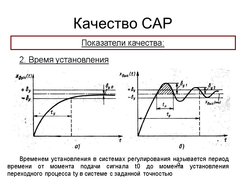 Качество САР 2. Время установления Показатели качества: Временем установления в системах регулирования называется период